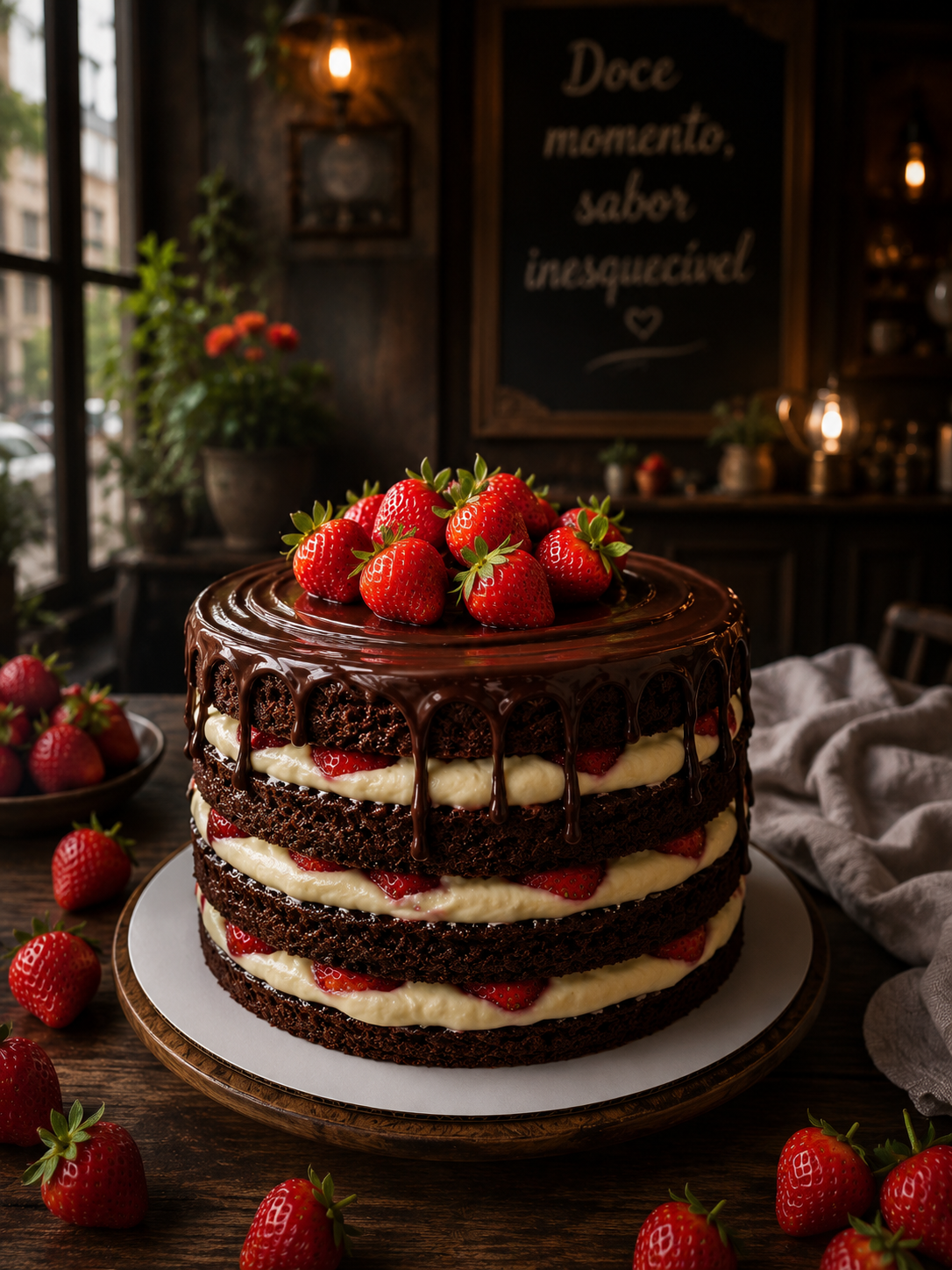 Bolo de chocolate com morangos frescos