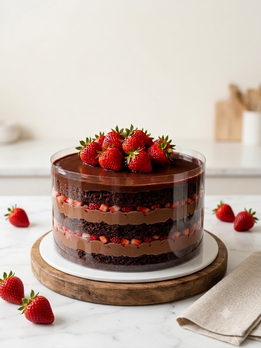 Bolo de chocolate com morangos frescos