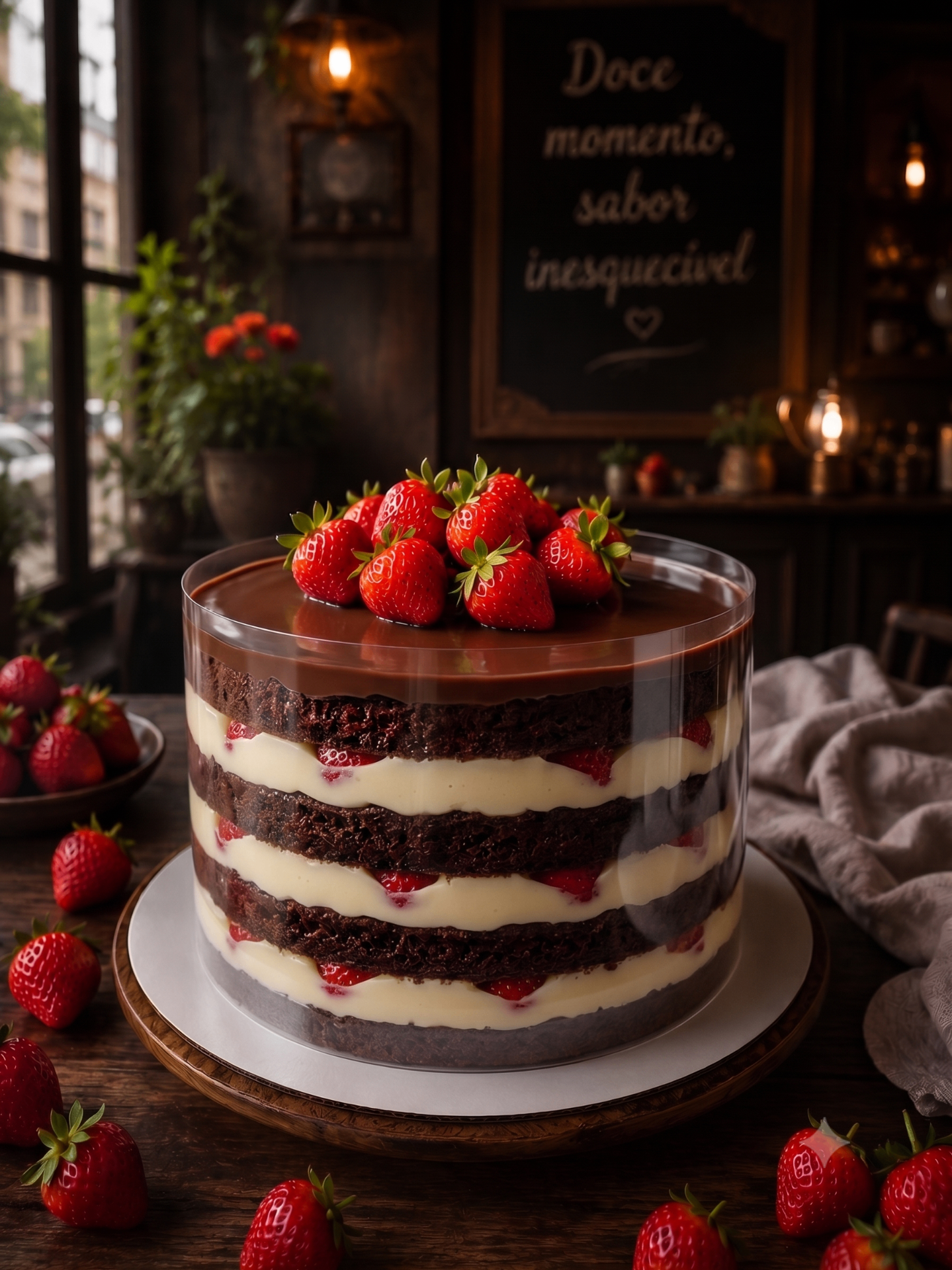 Bolo de chocolate artesanal com morangos frescos